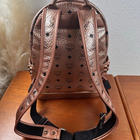 Authentic MCM Visetos Pattern Leather Pink Gold Studded Backpack - Picture 3 of 13
